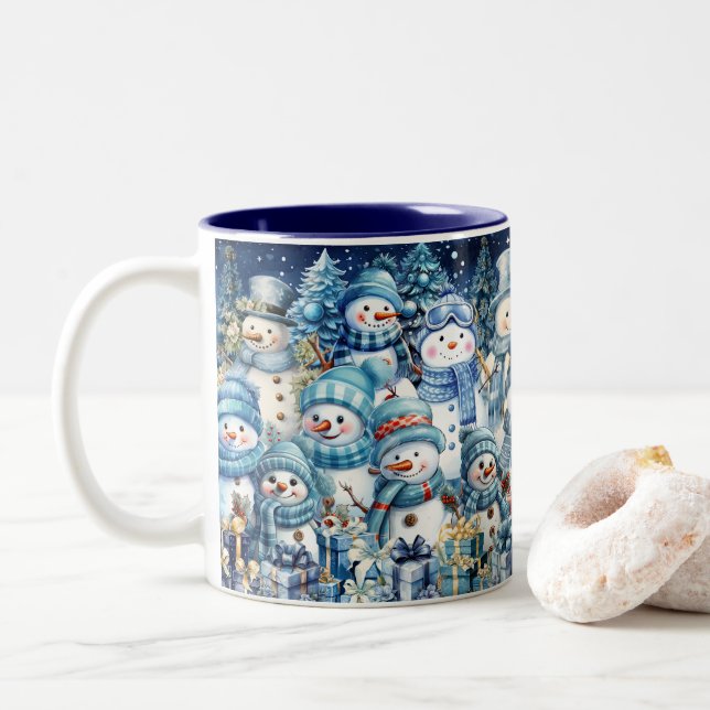 Cute Watercolor Blue Snowman Family Two-Tone Coffee Mug (With Donut)