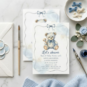 Cute Watercolor Blue Teddy Bear Baby Shower Invita Invitation