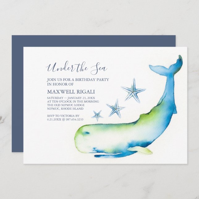 Cute Watercolor Blue Whale Birthday Party Invitation (Front/Back)
