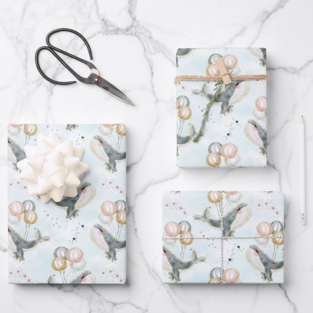 Cute Watercolor Blue Whale Ocean Animals Decor Wrapping Paper Sheet (Front)