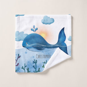 Cute Watercolor Blue Whale & Ocean Baby Wash Cloth