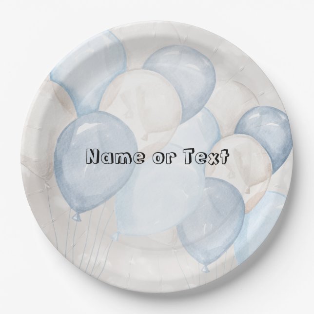 Cute Watercolor Blue White Balloons Party Paper Plate (Front)