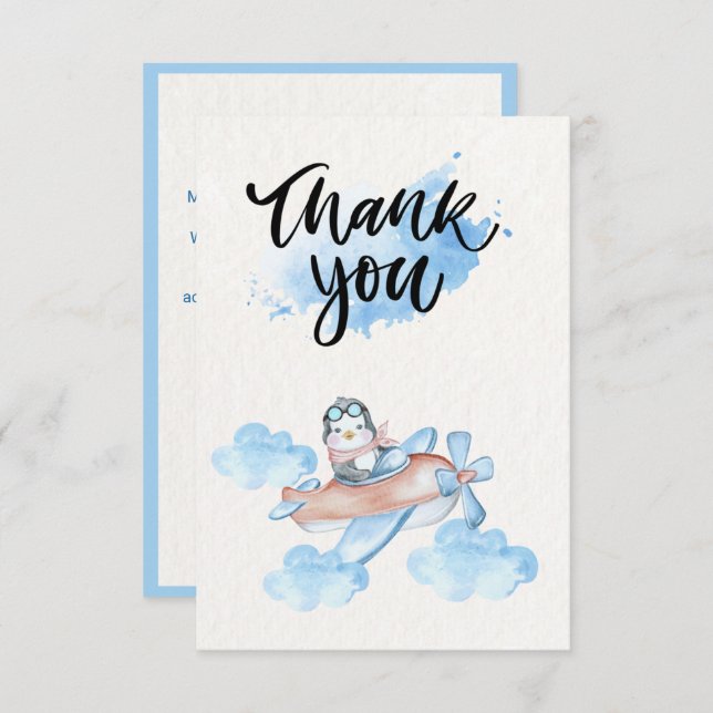 Cute Watercolor Blue White Pilot Penguin Thank You Card (Front/Back)