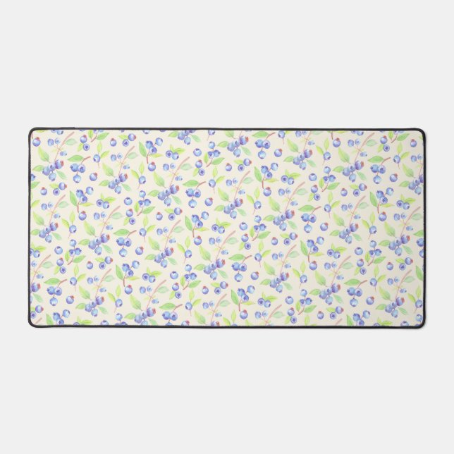 Cute Watercolor Blueberry Botanical Pattern Desk Mat (Front)