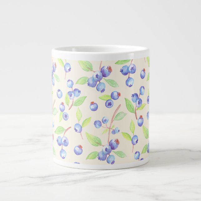 Cute Watercolor Blueberry Botanical Pattern Large Coffee Mug (Front)