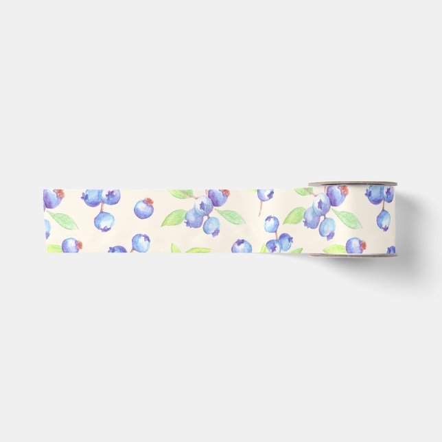 Cute Watercolor Blueberry Botanical Pattern Satin Ribbon (Front)