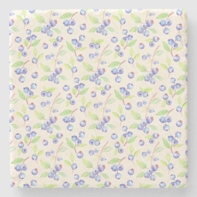 Cute Watercolor Blueberry Botanical Pattern Stone Coaster (Front)