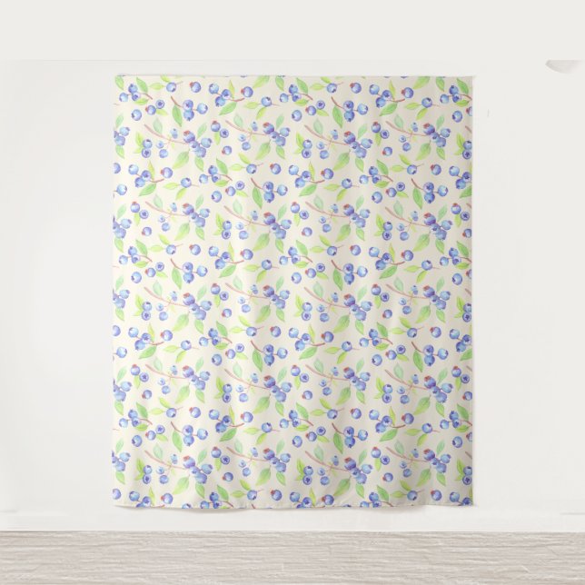 Cute Watercolor Blueberry Botanical Pattern Tapestry (Front)