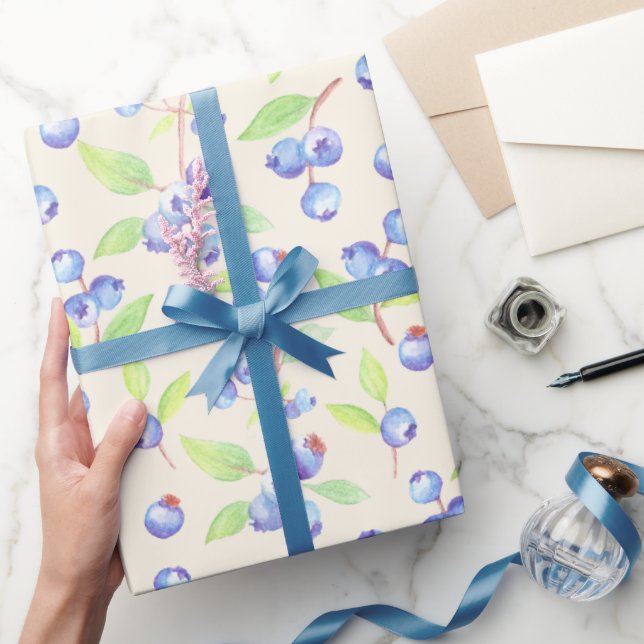 Cute Watercolor Blueberry Botanical Pattern Wrapping Paper (Gifting)