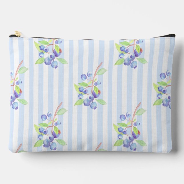 Cute Watercolor Blueberry Botanical Strips Pattern Accessory Pouch (Front)