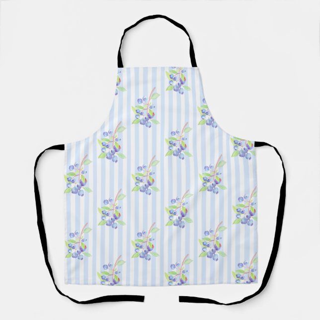 Cute Watercolor Blueberry Botanical Strips Pattern Apron (Front)
