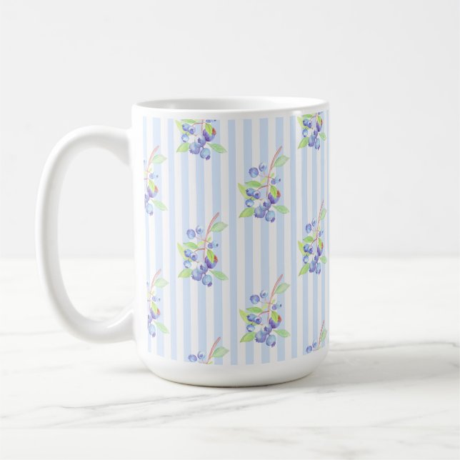 Cute Watercolor Blueberry Botanical Strips Pattern Coffee Mug (Left)