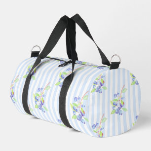 Cute Watercolor Blueberry Botanical Strips Pattern Duffle Bag