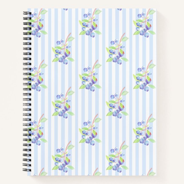 Cute Watercolor Blueberry Botanical Strips Pattern Notebook (Front)