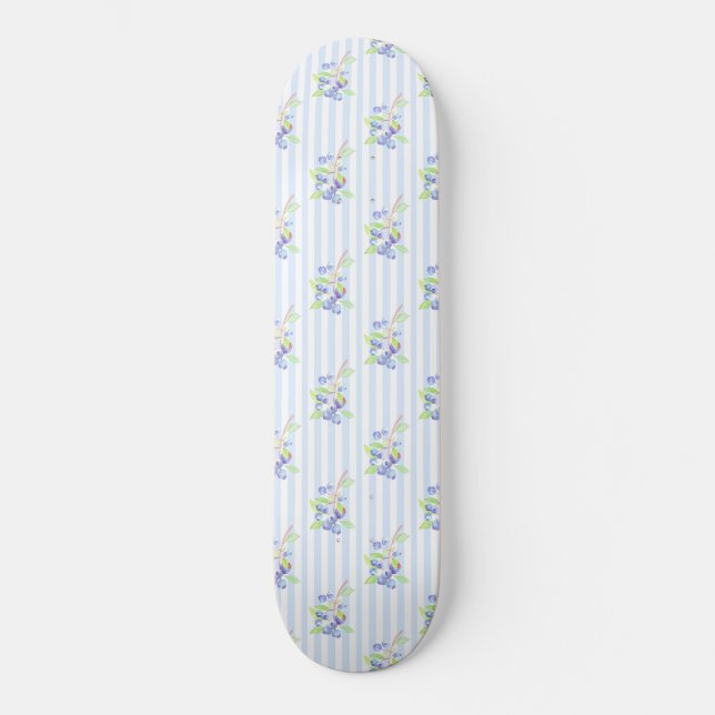 Cute Watercolor Blueberry Botanical Strips Pattern Skateboard (Front)