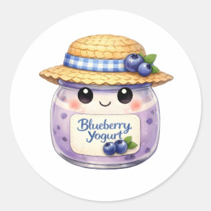 Cute Watercolor Blueberry Yogurt Jar with Hat Classic Round Sticker