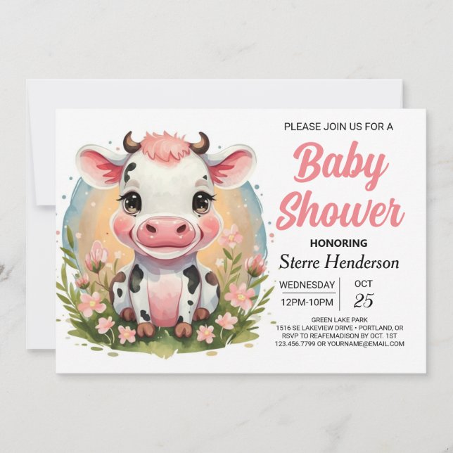 Cute Watercolor Boho Cow Baby Shower Invitation (Front)