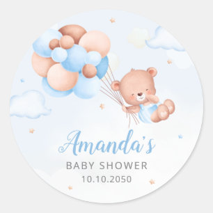 Cute Watercolor Boho Teddy Bear Boy baby Shower Classic Round Sticker