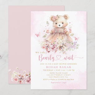 Cute Watercolor Boho Teddy Bear Girl Baby Shower Invitation