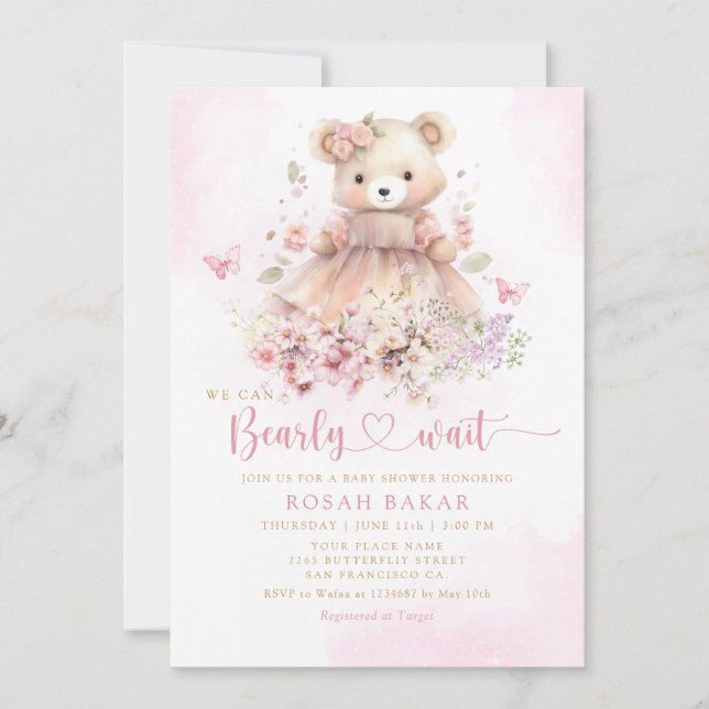 Cute Watercolor Boho Teddy Bear Girl Baby Shower Invitation (Front)