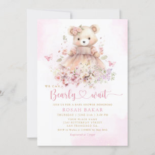 Cute Watercolor Boho Teddy Bear Girl Baby Shower Invitation