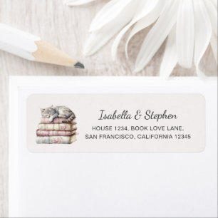 Cute Watercolor Books and Cat Return Address 