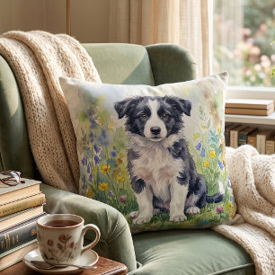 Cute Watercolor Border Collie Puppy Cushion