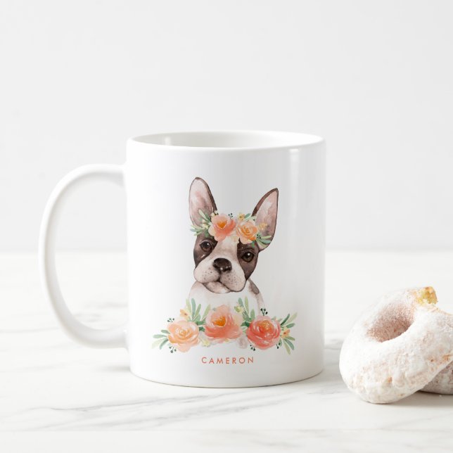 Cute Watercolor Boston Terrier Peach Floral Coffee Mug (With Donut)