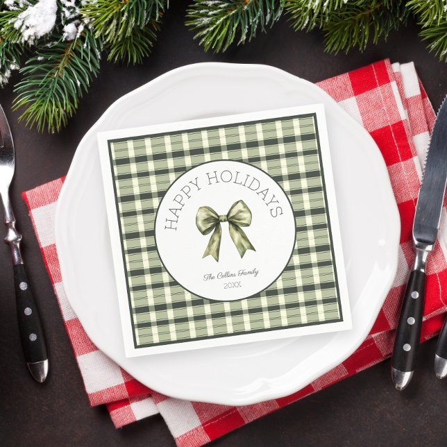 Cute Watercolor Bow Green Plaid Xmas Paper Napkin (Cute Watercolor Bow Green Plaid Xmas Paper Napkin)