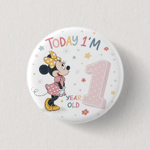 Cute Watercolor Bow Mouse Girl 1st Birthday  3 Cm Round Badge