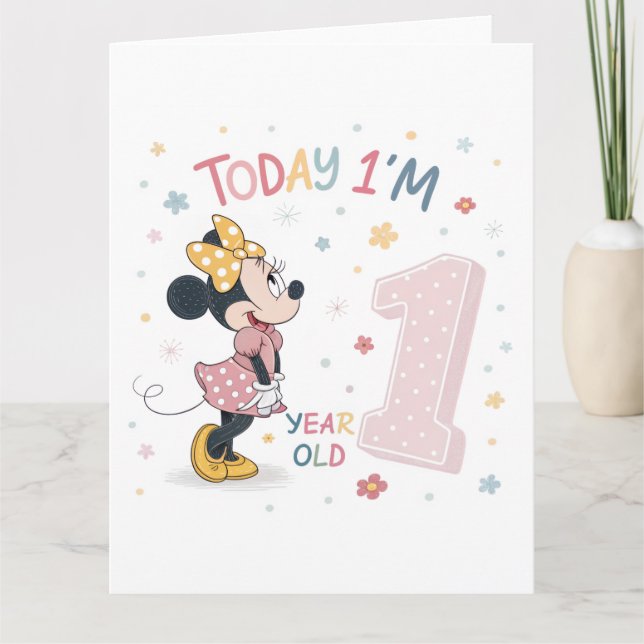 Cute Watercolor Bow Mouse Girl 1st Birthday  Card (Front)