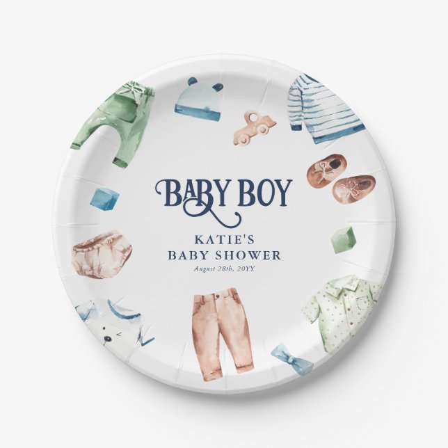 Cute Watercolor Boy Clothes BOY Baby Shower Paper Plate (Front)