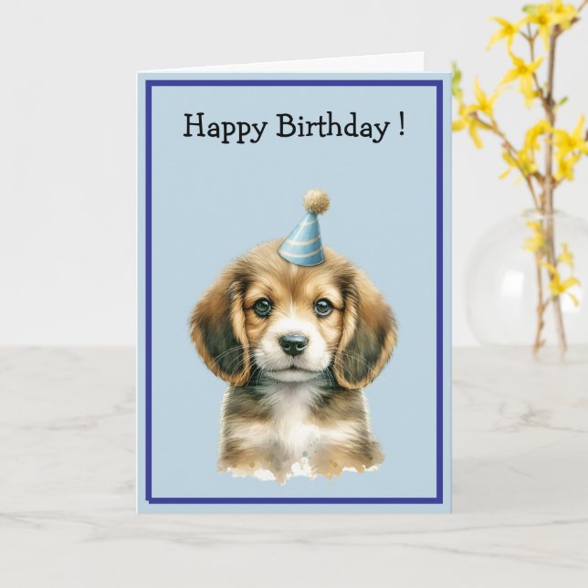 Cute Watercolor Brown Puppy Dog Happy Birthday  Card (Yellow Flower)