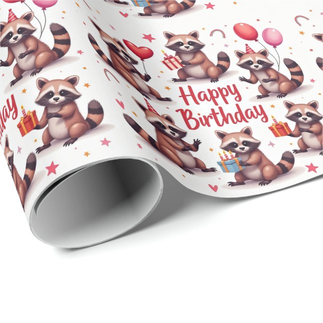 Cute Watercolor Brown Racoon Birthday Scene -  Wrapping Paper (Roll Corner)