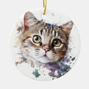 CUTE WATERCOLOR BROWN TABBY KITTEN CERAMIC TREE DECORATION