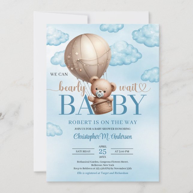 Cute watercolor brown teddy bear hot air balloon invitation (Front)