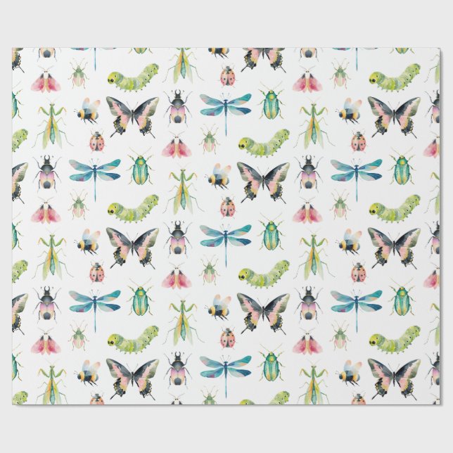 Cute Watercolor Bugs & Insects Girl Birthday Wrapping Paper (Flat)