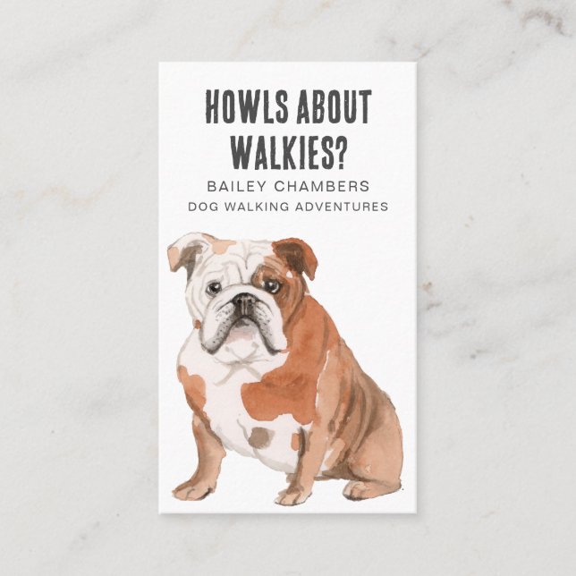 Cute Watercolor Bull Dog Dog Walker  Business Card (Front)