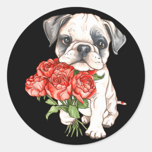 Cute watercolor bulldog puppy holding red roses classic round sticker