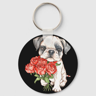 Cute watercolor bulldog puppy holding red roses key ring