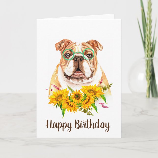 Cute Watercolor Bulldog & Sunflowers Birthday Card (Front)