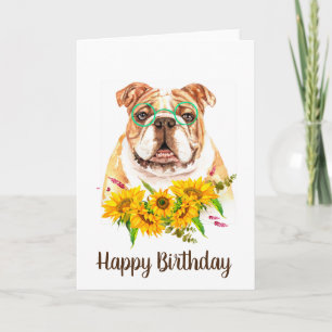 Cute Watercolor Bulldog & Sunflowers Birthday Card