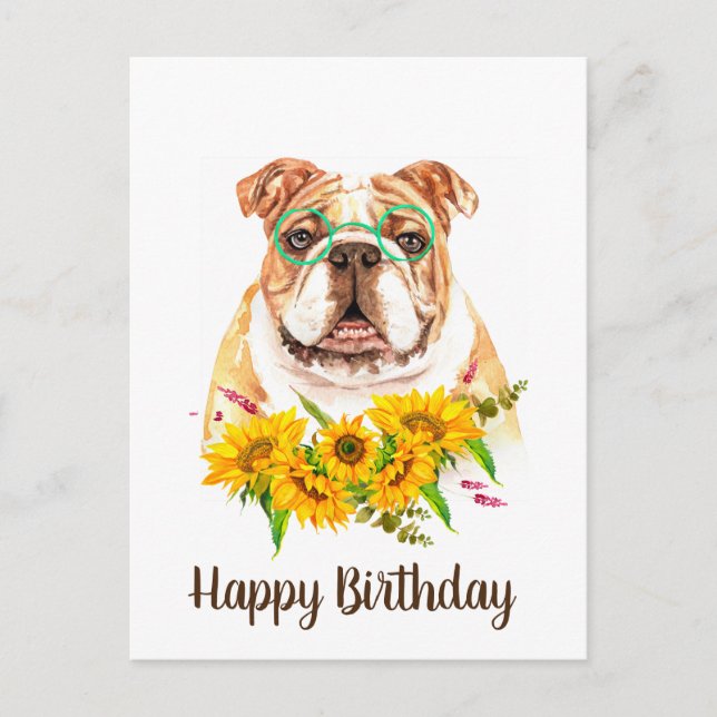 Cute Watercolor Bulldog & Sunflowers Birthday  Postcard (Front)