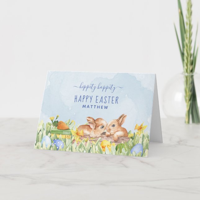 Cute Watercolor Bunnies Custom Easter Holiday Card (Front)