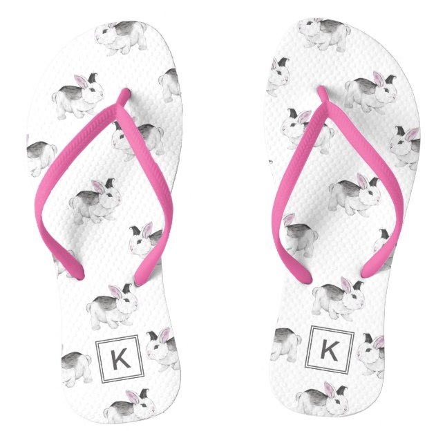 Cute Watercolor Bunnies with Monogram Flip Flops (Footbed)