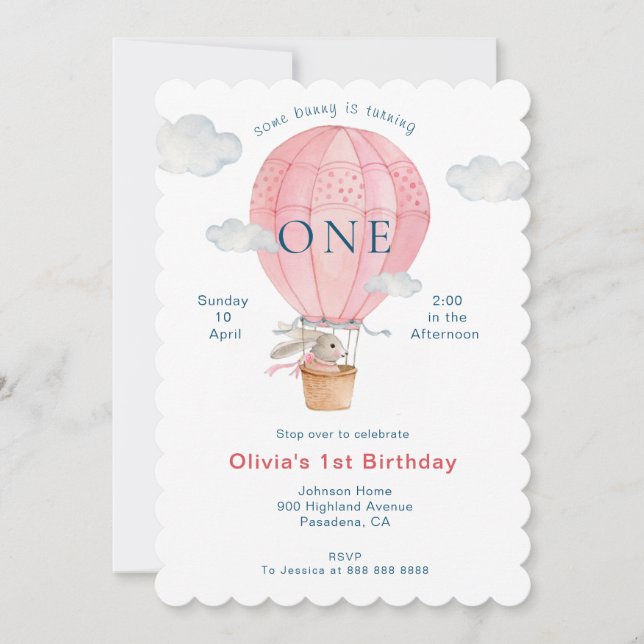 Cute watercolor Bunny 1st Birthday  Invitation (Front)