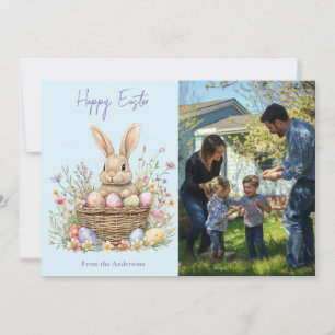 Cute Watercolor Bunny and Easter Egg Floral Photo  Holiday Card