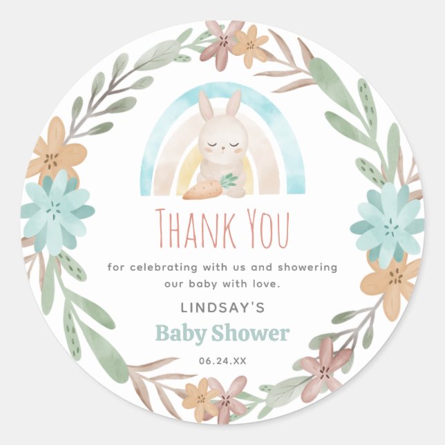 Cute Watercolor Bunny Baby Shower Thank You Classic Round Sticker (Front)