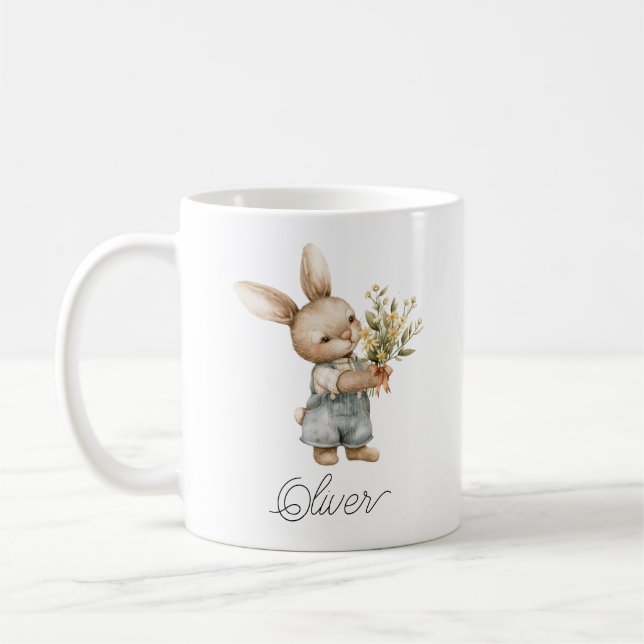 Cute Watercolor Bunny Boy Personalised Name Coffee Mug (Left)
