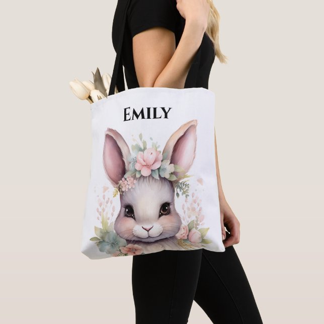 Cute Watercolor Bunny Easter Name Tote Bag (Close Up)